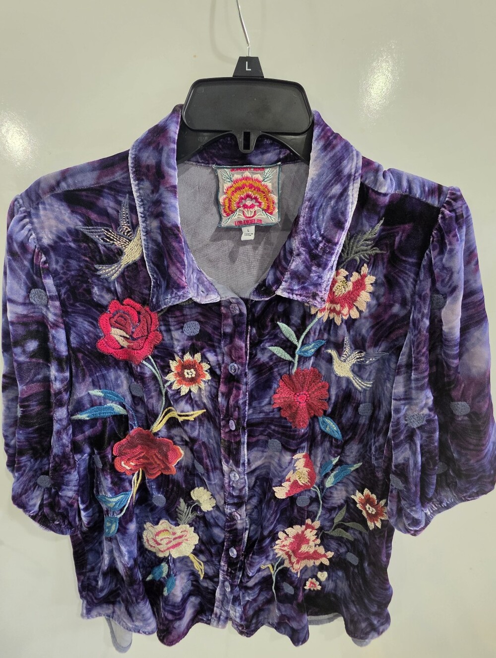 Johnny Was Junia Velvet Lisbon Shirt Large Purple Floral Embroidered SIZE L